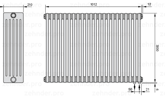 Схема (чертеж) Радиатор Zehnder Charleston 6300/22 №5510 Белый глянцевый RAL 9016